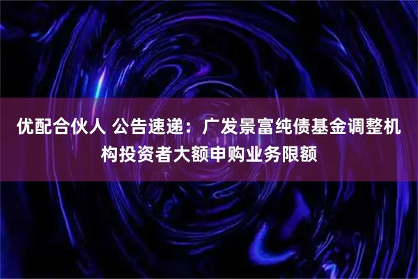 优配合伙人 公告速递：广发景富纯债基金调整机构投资者大额申购业务限额